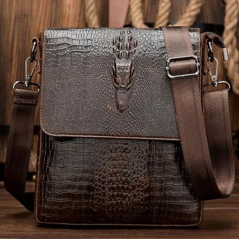 Genuine Leather Messenger Bag Crocodile Embossed Crossbody Daypack Retro